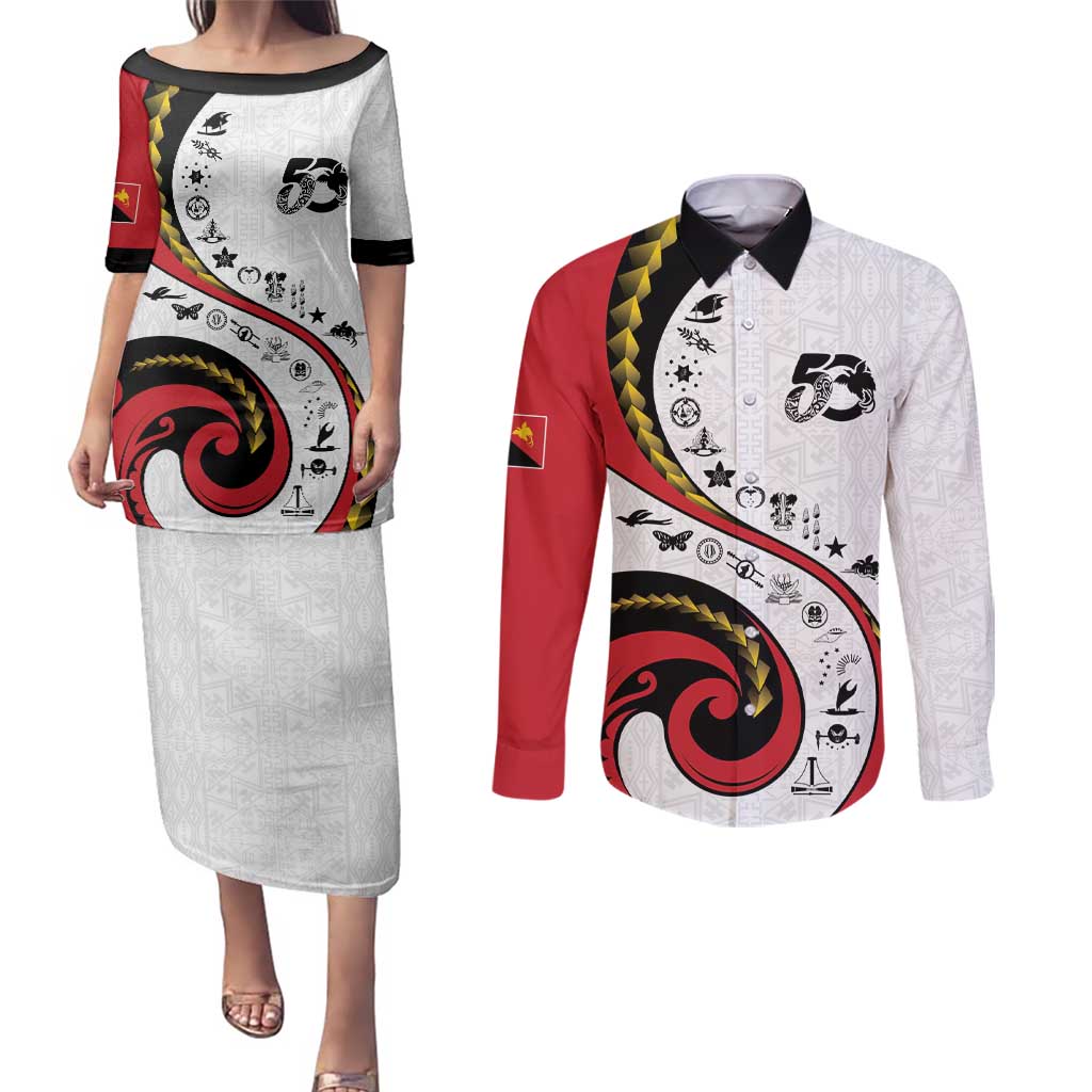 Papua New Guinea 50th Independence Anniversary Couples Matching Puletasi and Long Sleeve Button Shirt Special Style White Version - Polynesian Pride