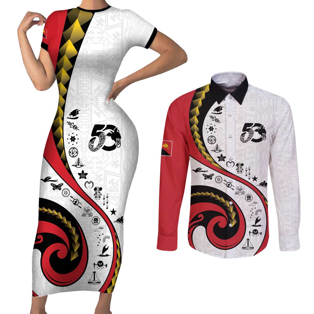 Papua New Guinea 50th Independence Anniversary Couples Matching Short Sleeve Bodycon Dress and Long Sleeve Button Shirt Special Style White Version LT05 White - Polynesian Pride