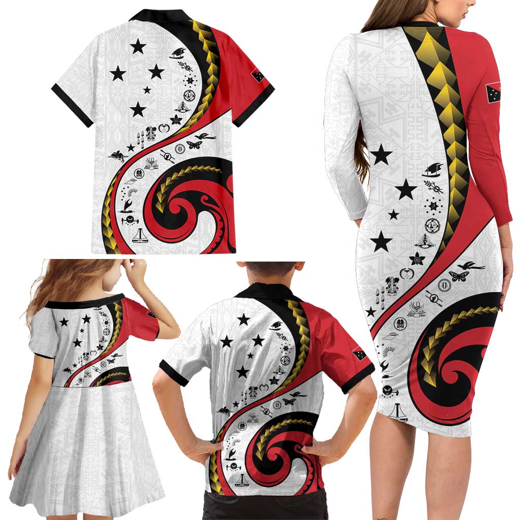 Papua New Guinea 50th Independence Anniversary Family Matching Long Sleeve Bodycon Dress and Hawaiian Shirt Special Style White Version LT05 - Polynesian Pride
