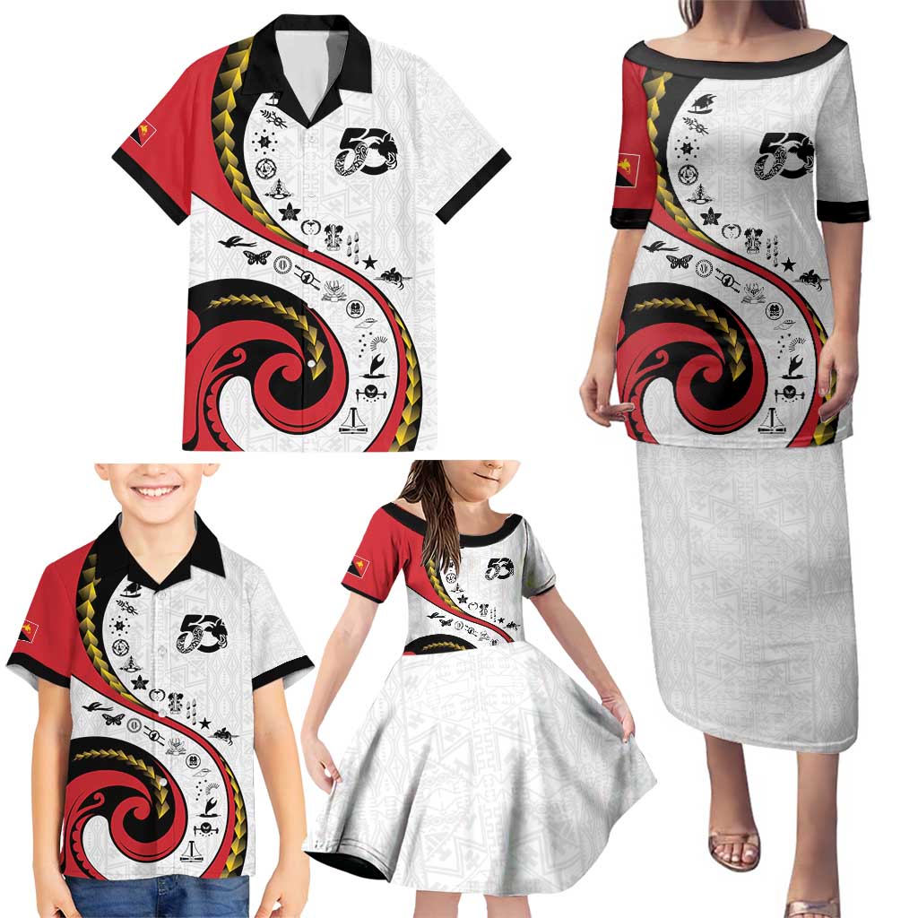Papua New Guinea 50th Independence Anniversary Family Matching Puletasi and Hawaiian Shirt Special Style White Version - Polynesian Pride