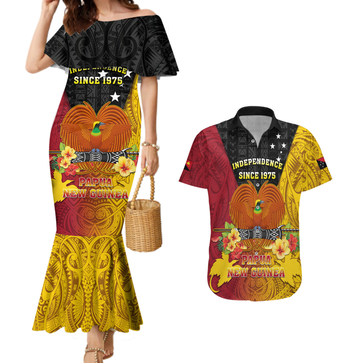 Personalized Papua New Guinea Independence Day Couples Matching Mermaid Dress and Hawaiian Shirt Bird Of Paradise With Polynesian Pattern LT05 Yellow - Polynesian Pride