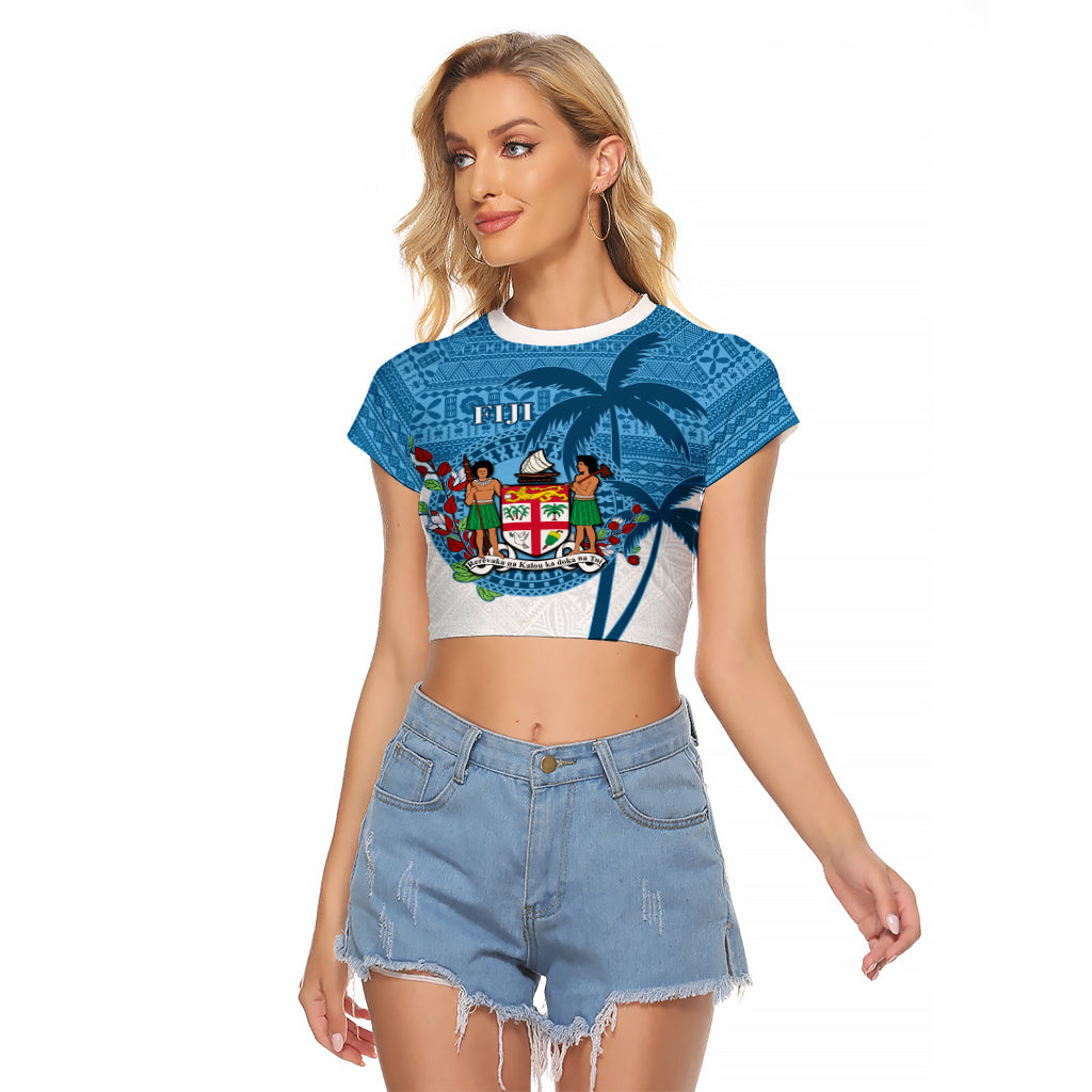 Personalized Fiji Raglan Cropped T Shirt Coat Of Arms Tagimoucia With Fijian Tapa Pattern LT05 Female Blue - Polynesian Pride
