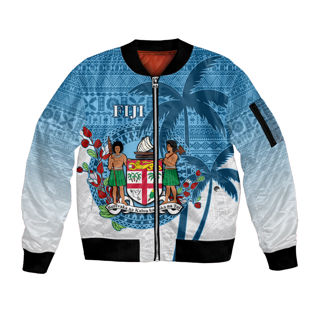 Personalized Fiji Sleeve Zip Bomber Jacket Coat Of Arms Tagimoucia With Fijian Tapa Pattern LT05 Unisex Blue - Polynesian Pride