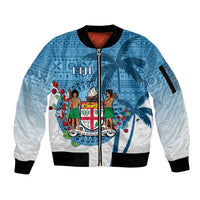 Personalized Fiji Sleeve Zip Bomber Jacket Coat Of Arms Tagimoucia With Fijian Tapa Pattern LT05 Unisex Blue - Polynesian Pride