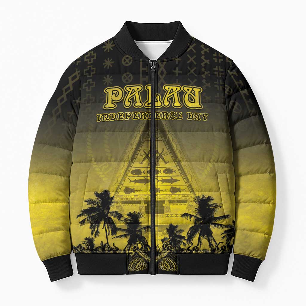 Personalised Palau Independence Day Bomber Puffer Jacket Palauan Tattoo Pattern LT05 Unisex Black - Polynesian Pride