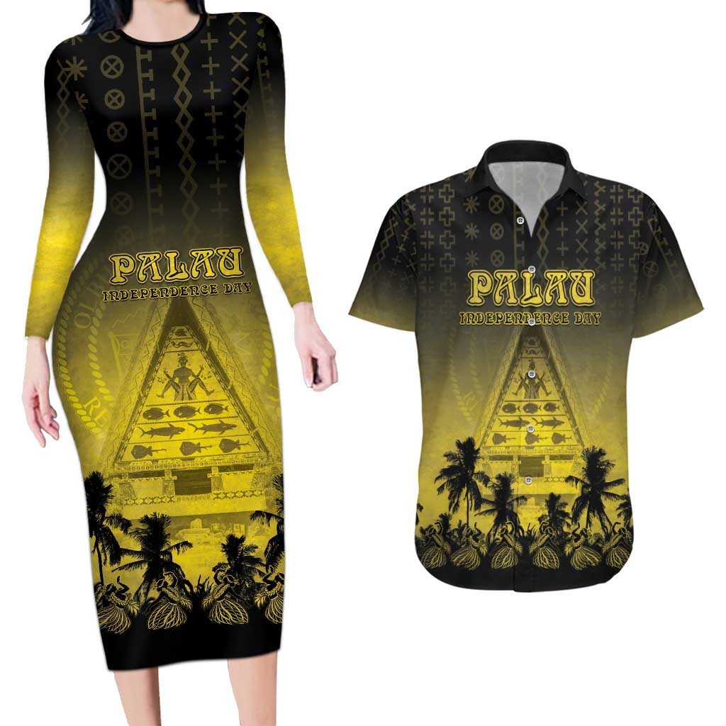 Personalised Palau Independence Day Couples Matching Long Sleeve Bodycon Dress and Hawaiian Shirt Palauan Tattoo Pattern LT05 Black - Polynesian Pride
