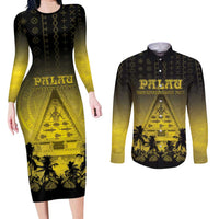 Personalised Palau Independence Day Couples Matching Long Sleeve Bodycon Dress and Long Sleeve Button Shirt Palauan Tattoo Pattern LT05 Black - Polynesian Pride