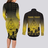Personalised Palau Independence Day Couples Matching Long Sleeve Bodycon Dress and Long Sleeve Button Shirt Palauan Tattoo Pattern LT05 - Polynesian Pride