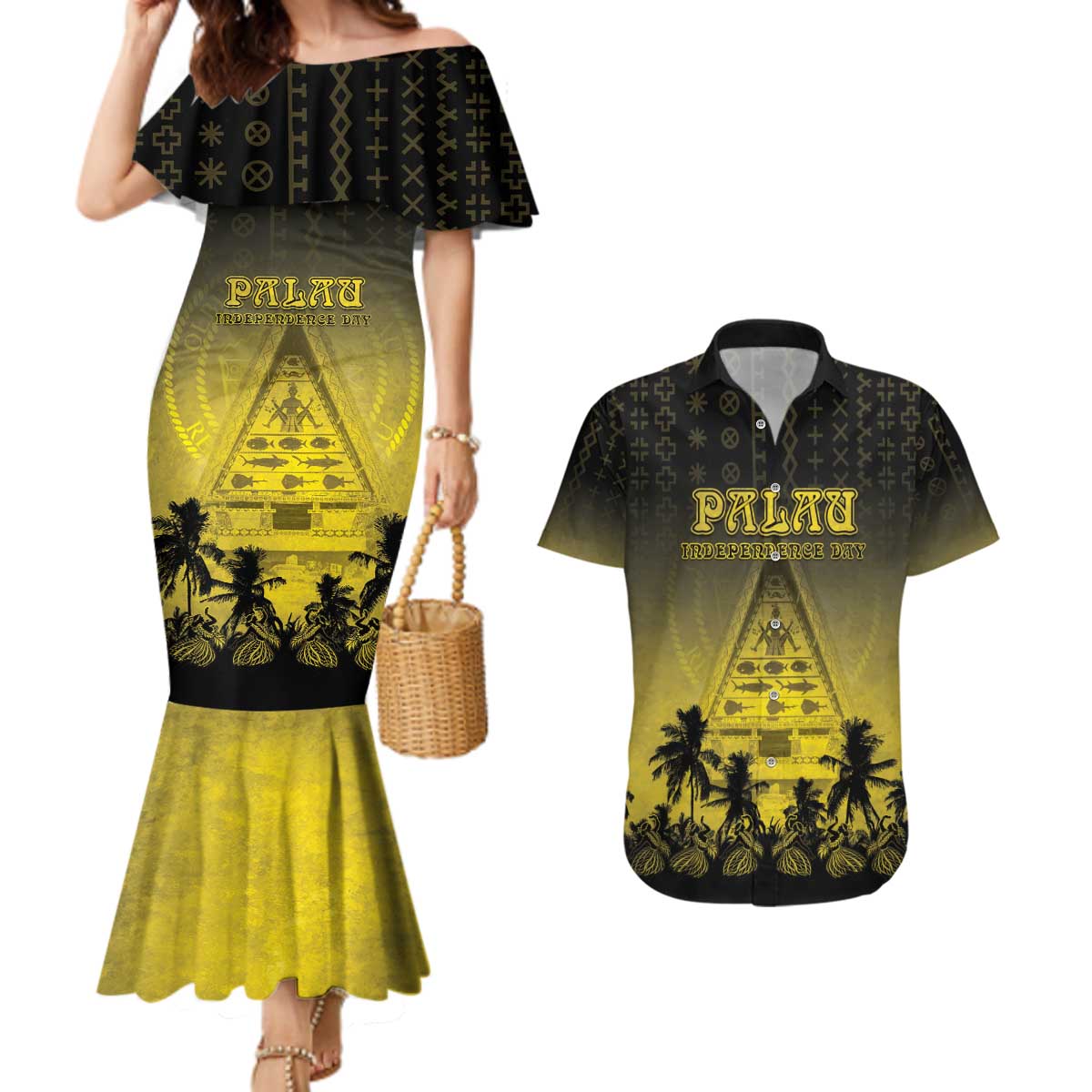 Personalised Palau Independence Day Couples Matching Mermaid Dress and Hawaiian Shirt Palauan Tattoo Pattern LT05 Black - Polynesian Pride