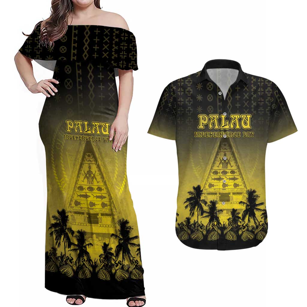 Personalised Palau Independence Day Couples Matching Off Shoulder Maxi Dress and Hawaiian Shirt Palauan Tattoo Pattern LT05 Black - Polynesian Pride