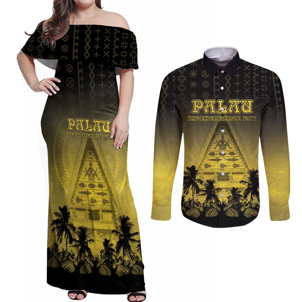 Personalised Palau Independence Day Couples Matching Off Shoulder Maxi Dress and Long Sleeve Button Shirt Palauan Tattoo Pattern LT05 Black - Polynesian Pride