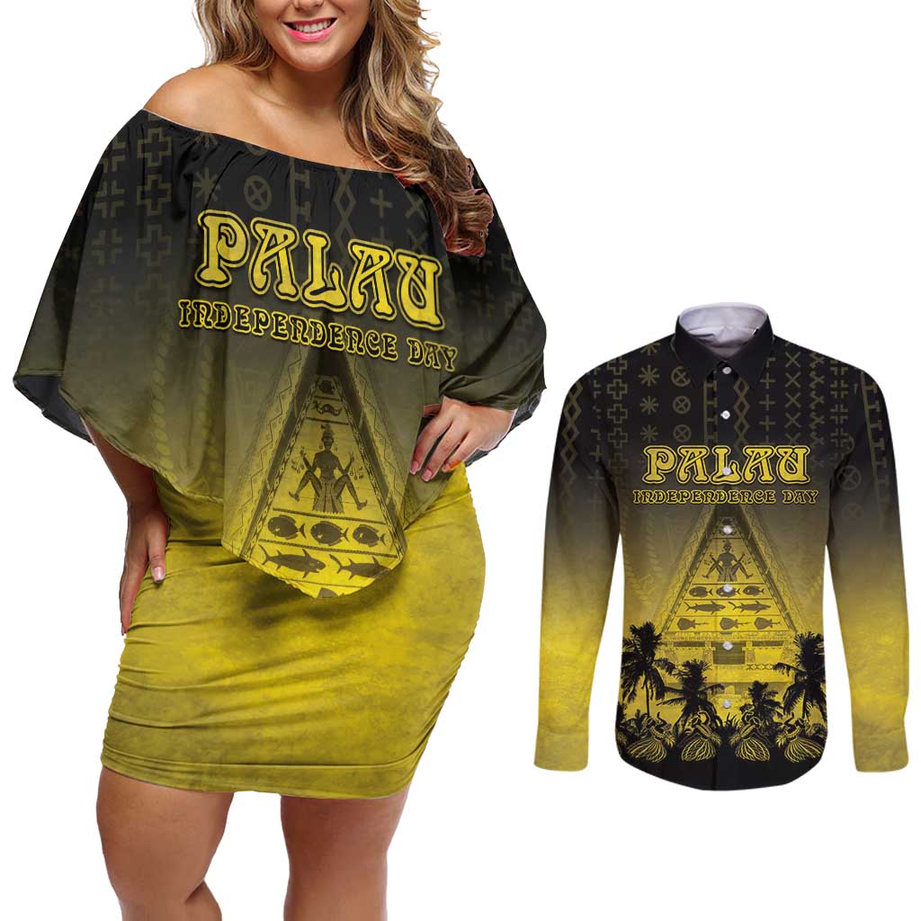 Personalised Palau Independence Day Couples Matching Off Shoulder Short Dress and Long Sleeve Button Shirt Palauan Tattoo Pattern LT05 Black - Polynesian Pride