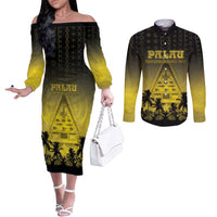 Personalised Palau Independence Day Couples Matching Off The Shoulder Long Sleeve Dress and Long Sleeve Button Shirt Palauan Tattoo Pattern LT05 Black - Polynesian Pride