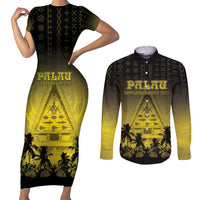Personalised Palau Independence Day Couples Matching Short Sleeve Bodycon Dress and Long Sleeve Button Shirt Palauan Tattoo Pattern LT05 Black - Polynesian Pride