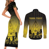 Personalised Palau Independence Day Couples Matching Short Sleeve Bodycon Dress and Long Sleeve Button Shirt Palauan Tattoo Pattern LT05 - Polynesian Pride