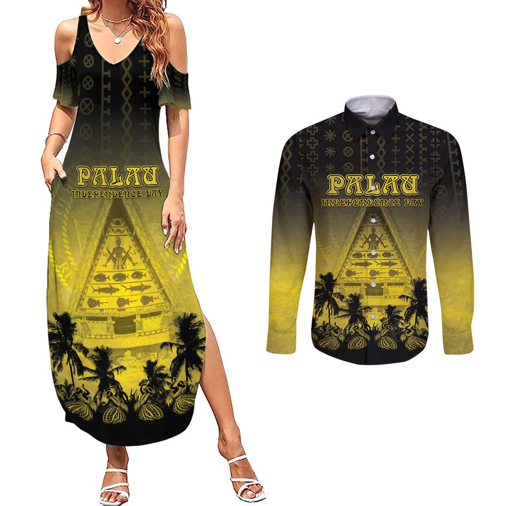Personalised Palau Independence Day Couples Matching Summer Maxi Dress and Long Sleeve Button Shirt Palauan Tattoo Pattern LT05 Black - Polynesian Pride