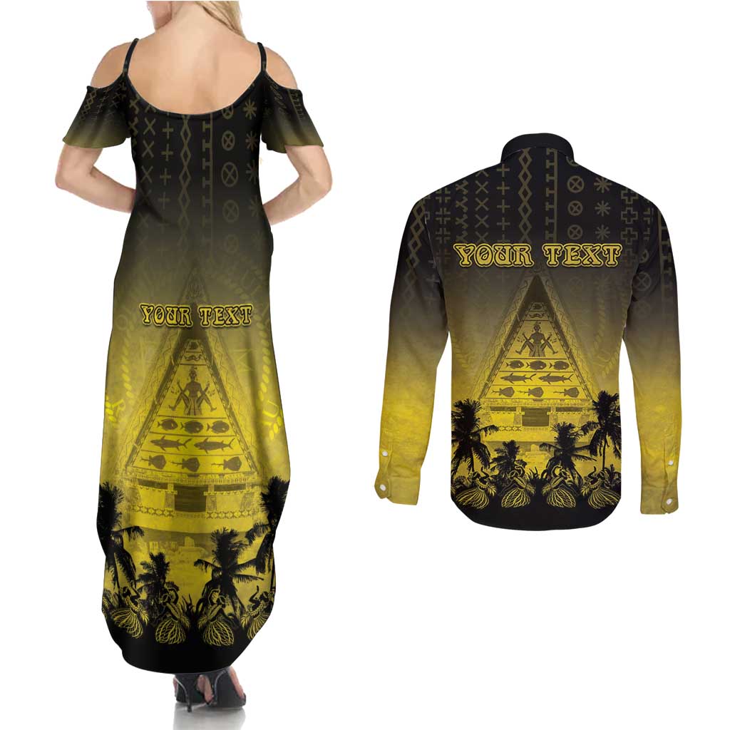 Personalised Palau Independence Day Couples Matching Summer Maxi Dress and Long Sleeve Button Shirt Palauan Tattoo Pattern - Polynesian Pride