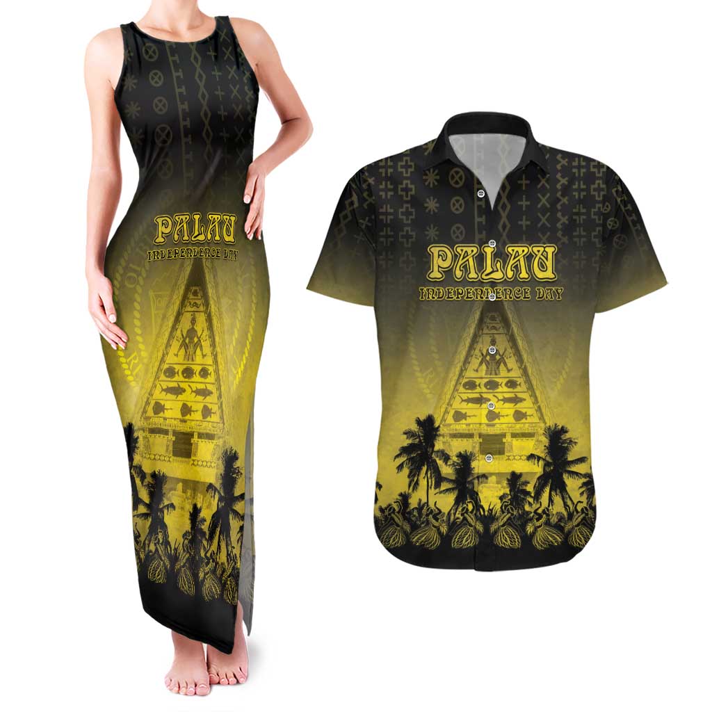 Personalised Palau Independence Day Couples Matching Tank Maxi Dress and Hawaiian Shirt Palauan Tattoo Pattern LT05 Black - Polynesian Pride