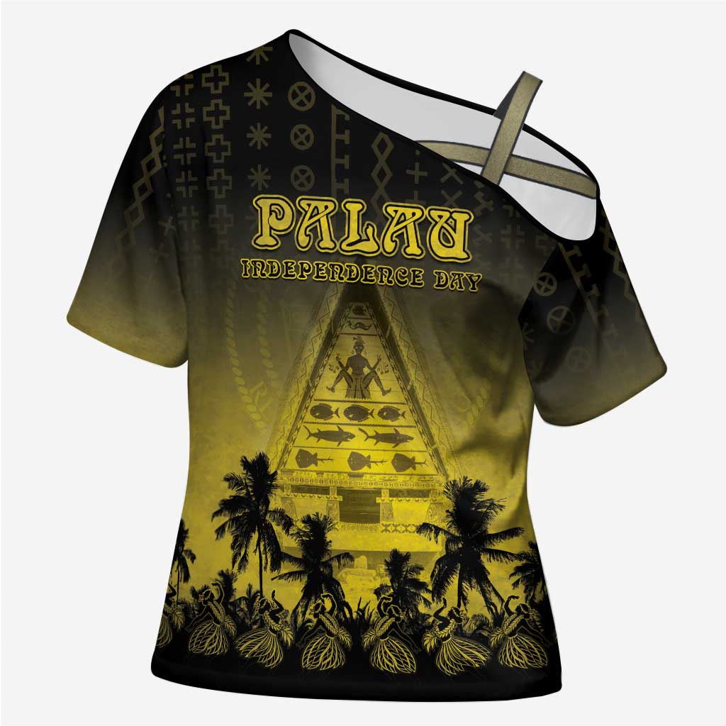 Personalised Palau Independence Day Cross Shoulder Shirt Palauan Tattoo Pattern LT05 Female Black - Polynesian Pride