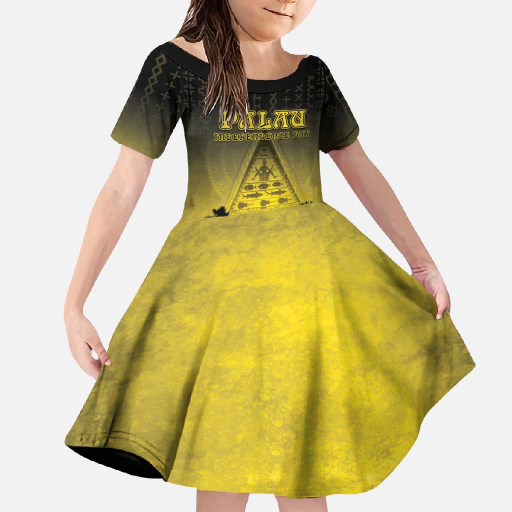 Personalised Palau Independence Day Family Matching Off Shoulder Maxi Dress and Hawaiian Shirt Palauan Tattoo Pattern LT05 Daughter's Dress Black - Polynesian Pride