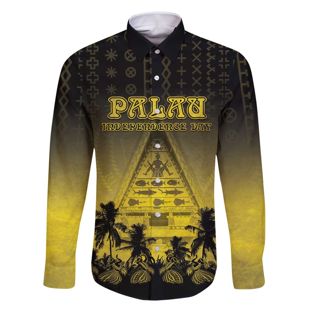 Personalised Palau Independence Day Family Matching Off Shoulder Maxi Dress and Hawaiian Shirt Palauan Tattoo Pattern LT05 Dad's Shirt - Long Sleeve Black - Polynesian Pride