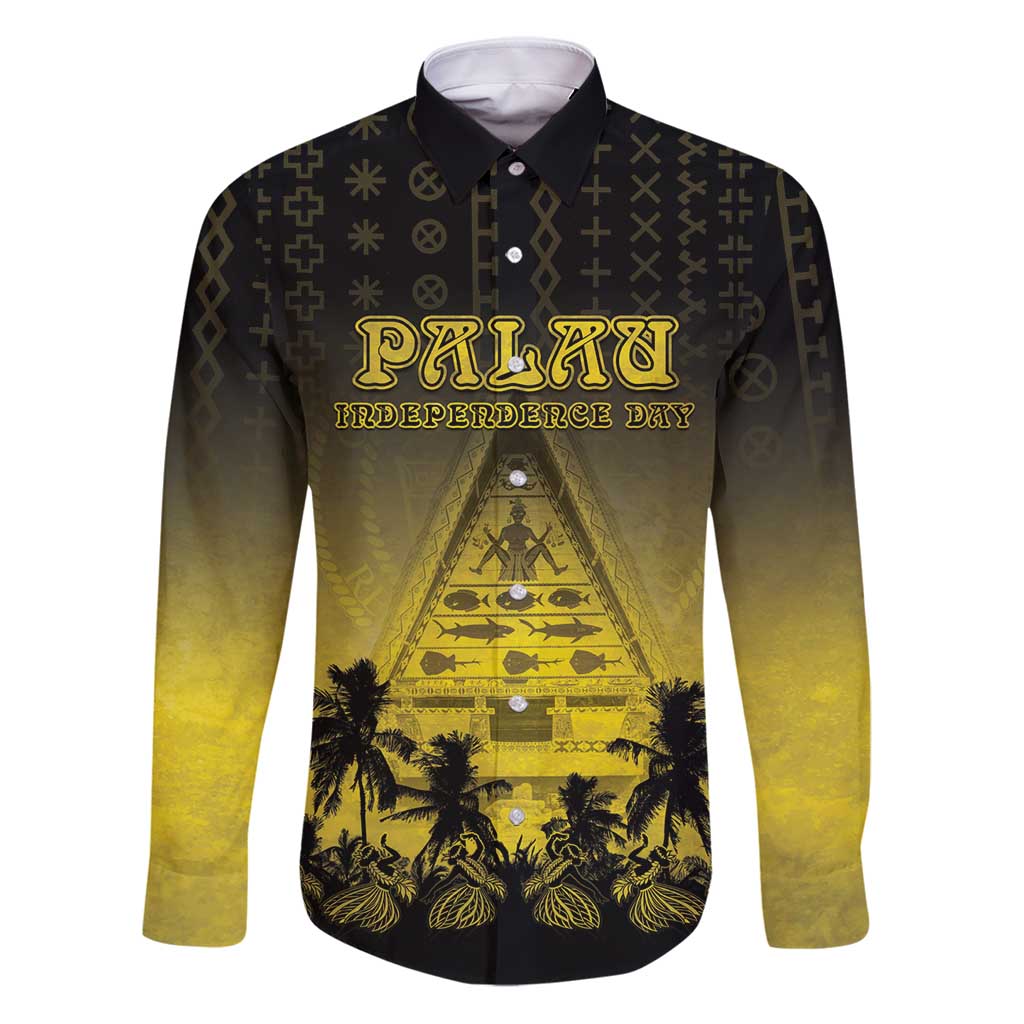 Personalised Palau Independence Day Family Matching Puletasi and Hawaiian Shirt Palauan Tattoo Pattern LT05 Dad's Shirt - Long Sleeve Black - Polynesian Pride