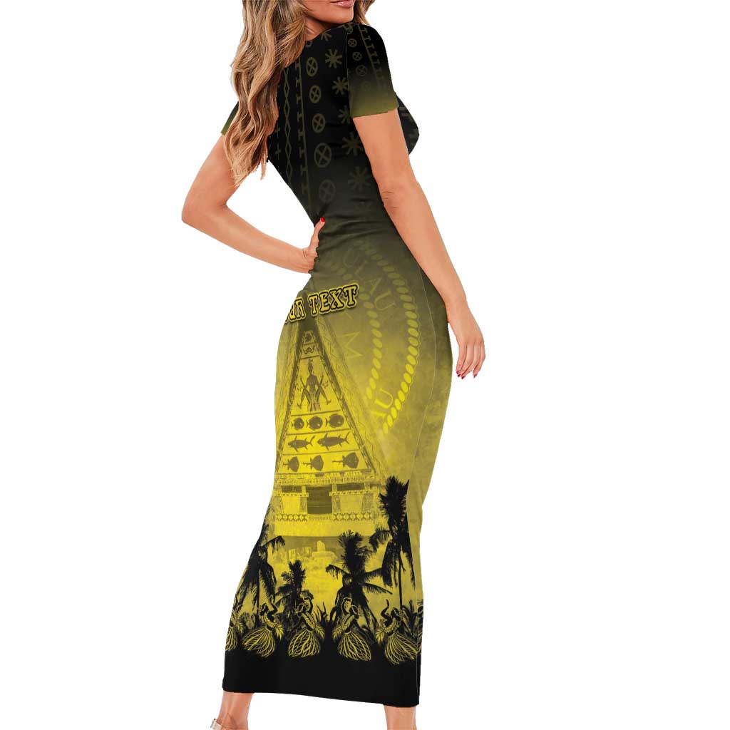 Personalised Palau Independence Day Family Matching Short Sleeve Bodycon Dress and Hawaiian Shirt Palauan Tattoo Pattern - Polynesian Pride