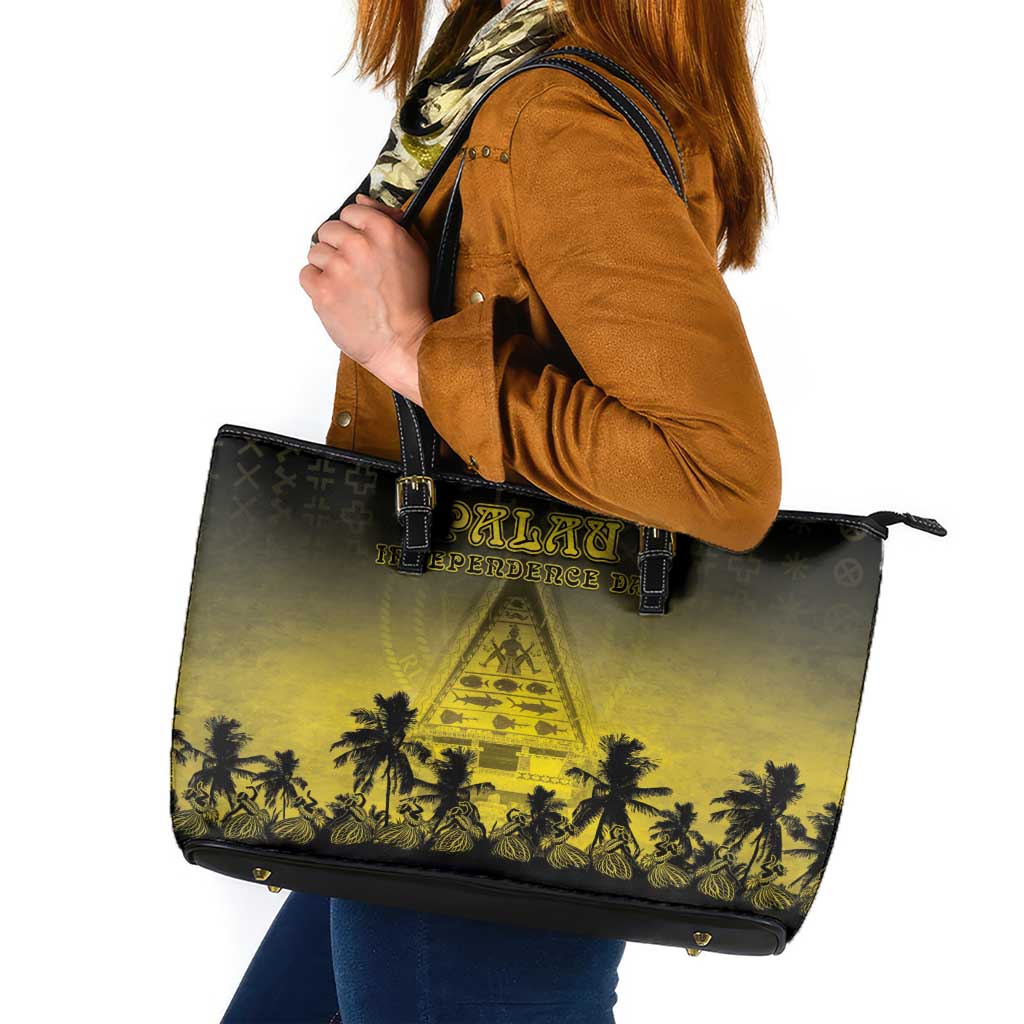 Palau Independence Day Leather Tote Bag Palauan Tattoo Pattern LT05 Black - Polynesian Pride