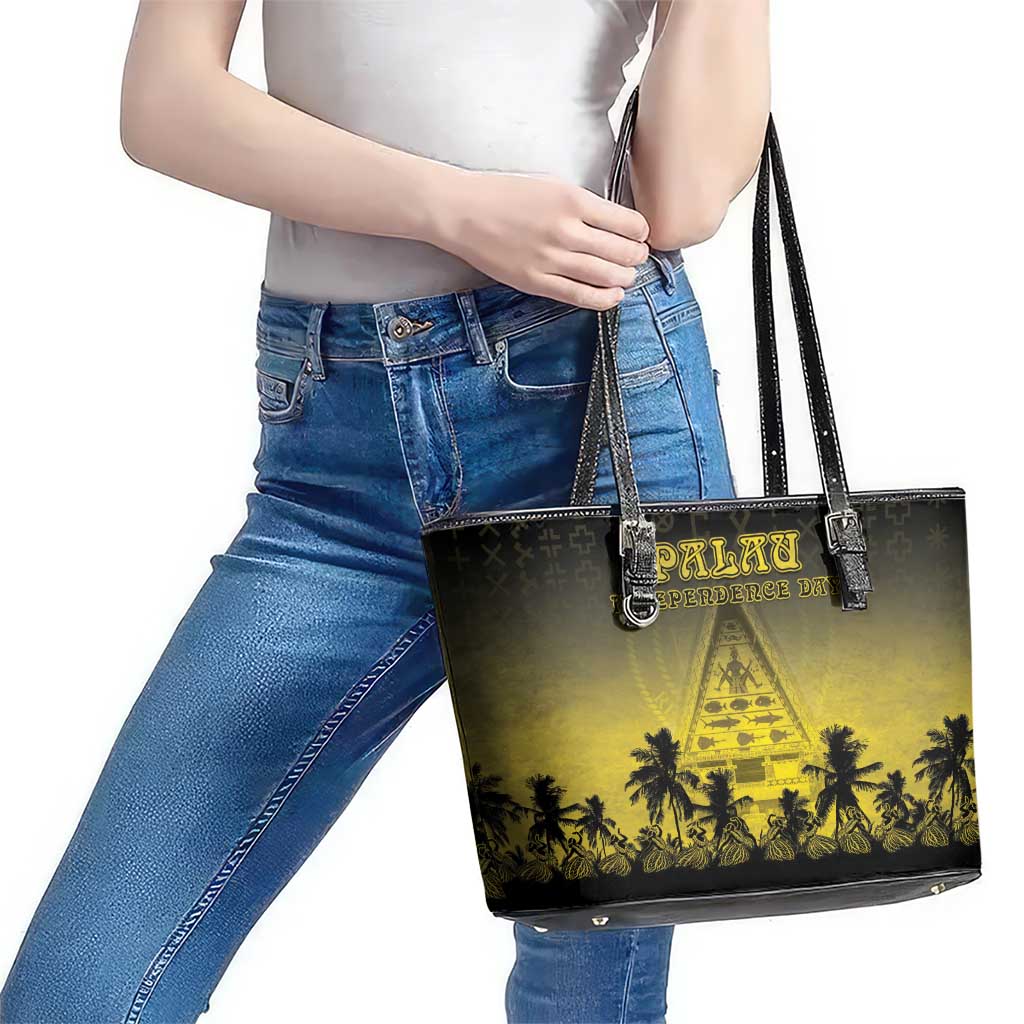 Palau Independence Day Leather Tote Bag Palauan Tattoo Pattern LT05 - Polynesian Pride