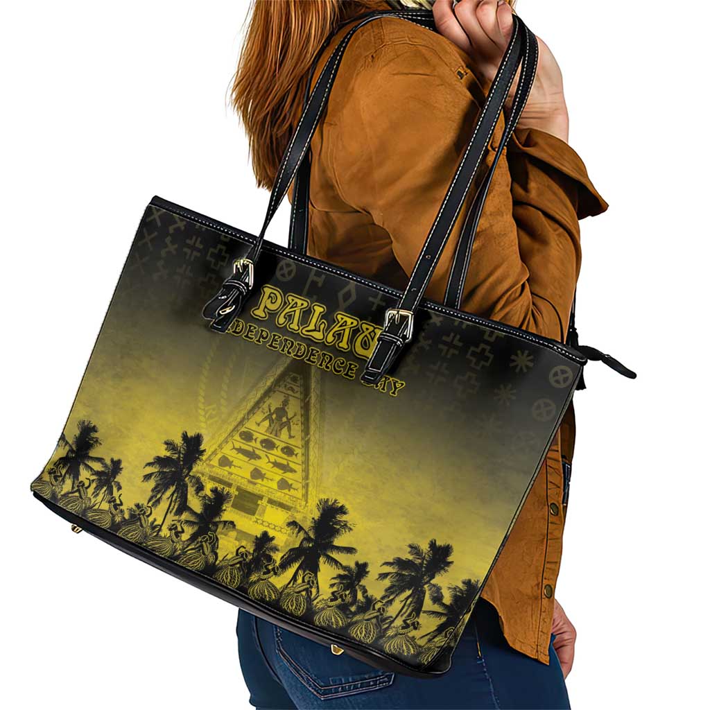 Palau Independence Day Leather Tote Bag Palauan Tattoo Pattern LT05 - Polynesian Pride