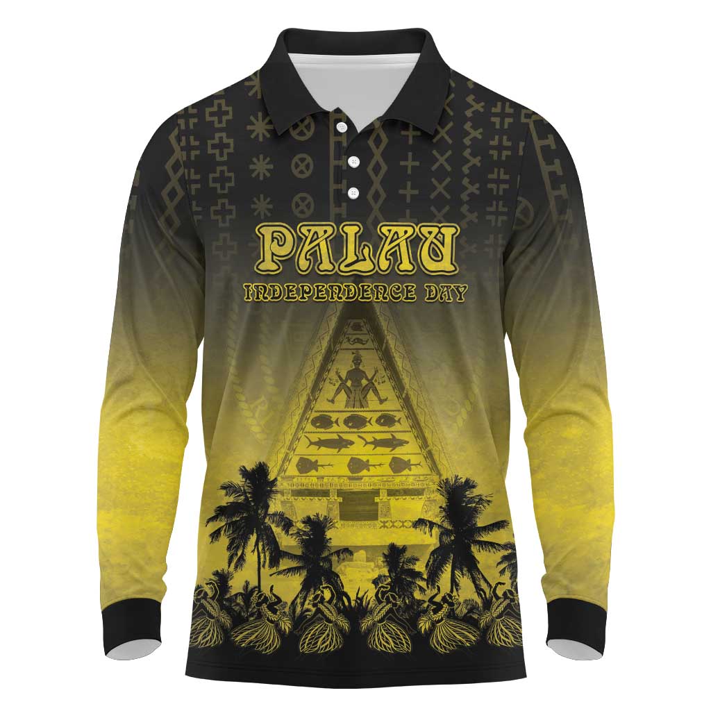 Personalised Palau Independence Day Long Sleeve Polo Shirt Palauan Tattoo Pattern LT05 Black - Polynesian Pride