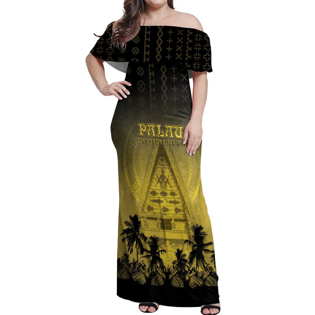 Personalised Palau Independence Day Off Shoulder Maxi Dress Palauan Tattoo Pattern - Polynesian Pride