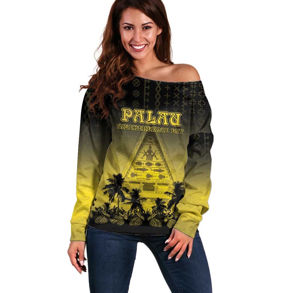 Personalised Palau Independence Day Off Shoulder Sweater Palauan Tattoo Pattern LT05 Women Black - Polynesian Pride