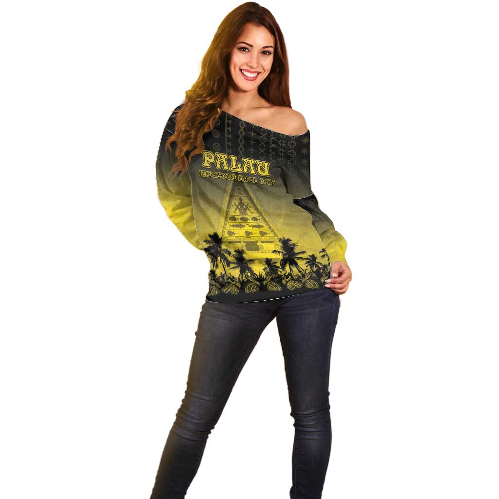 Personalised Palau Independence Day Off Shoulder Sweater Palauan Tattoo Pattern LT05 - Polynesian Pride