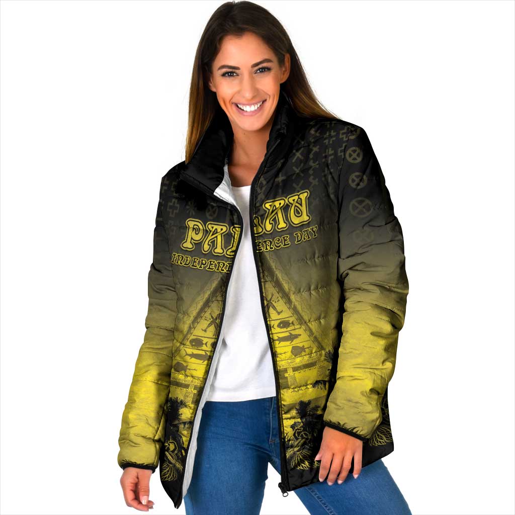 Personalised Palau Independence Day Padded Jacket Palauan Tattoo Pattern LT05 Women Black - Polynesian Pride