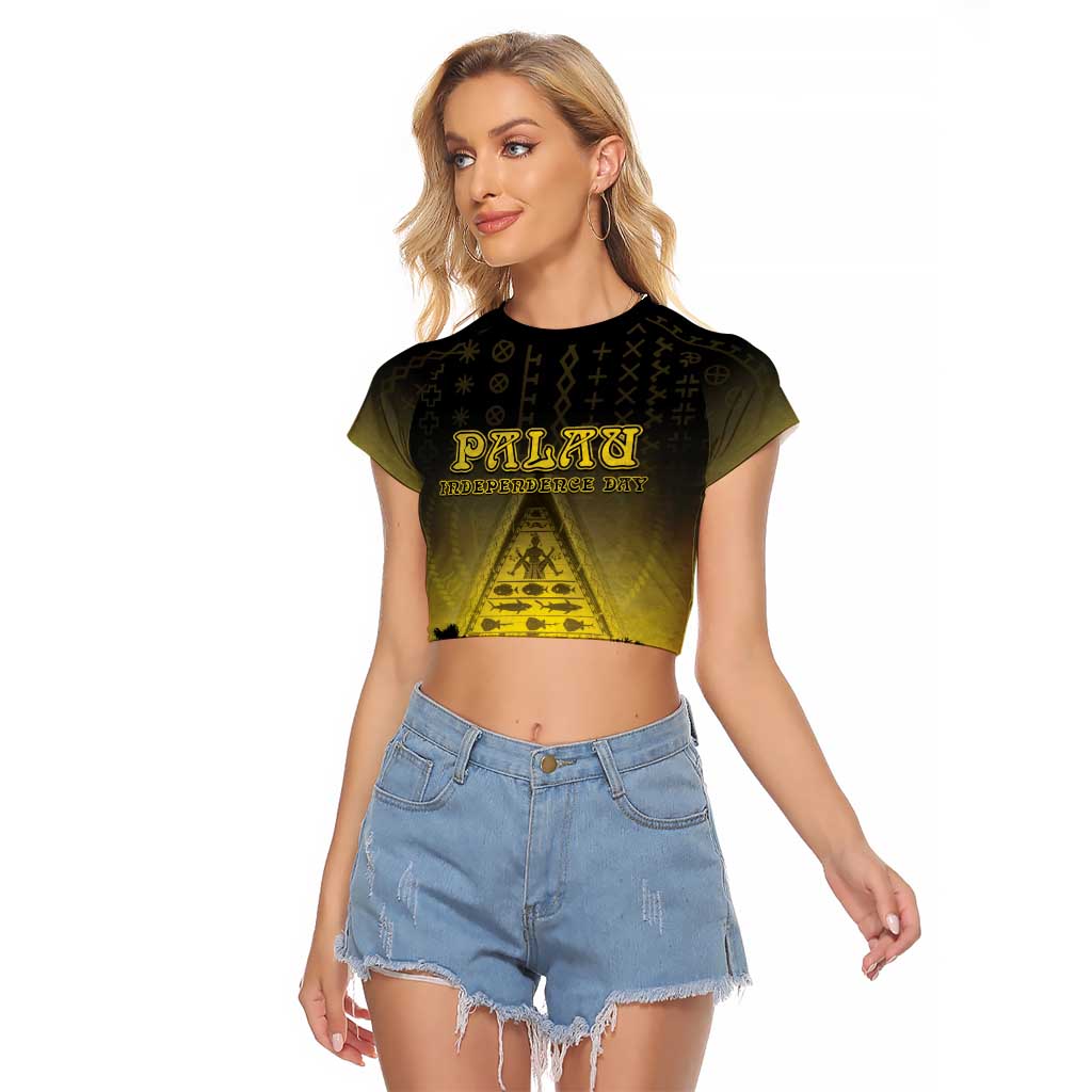 Personalised Palau Independence Day Raglan Cropped T Shirt Palauan Tattoo Pattern LT05 Female Black - Polynesian Pride