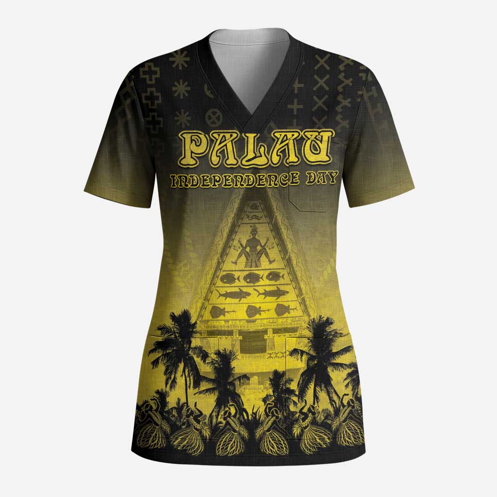 Personalised Palau Independence Day Scrub Top Palauan Tattoo Pattern - Polynesian Pride