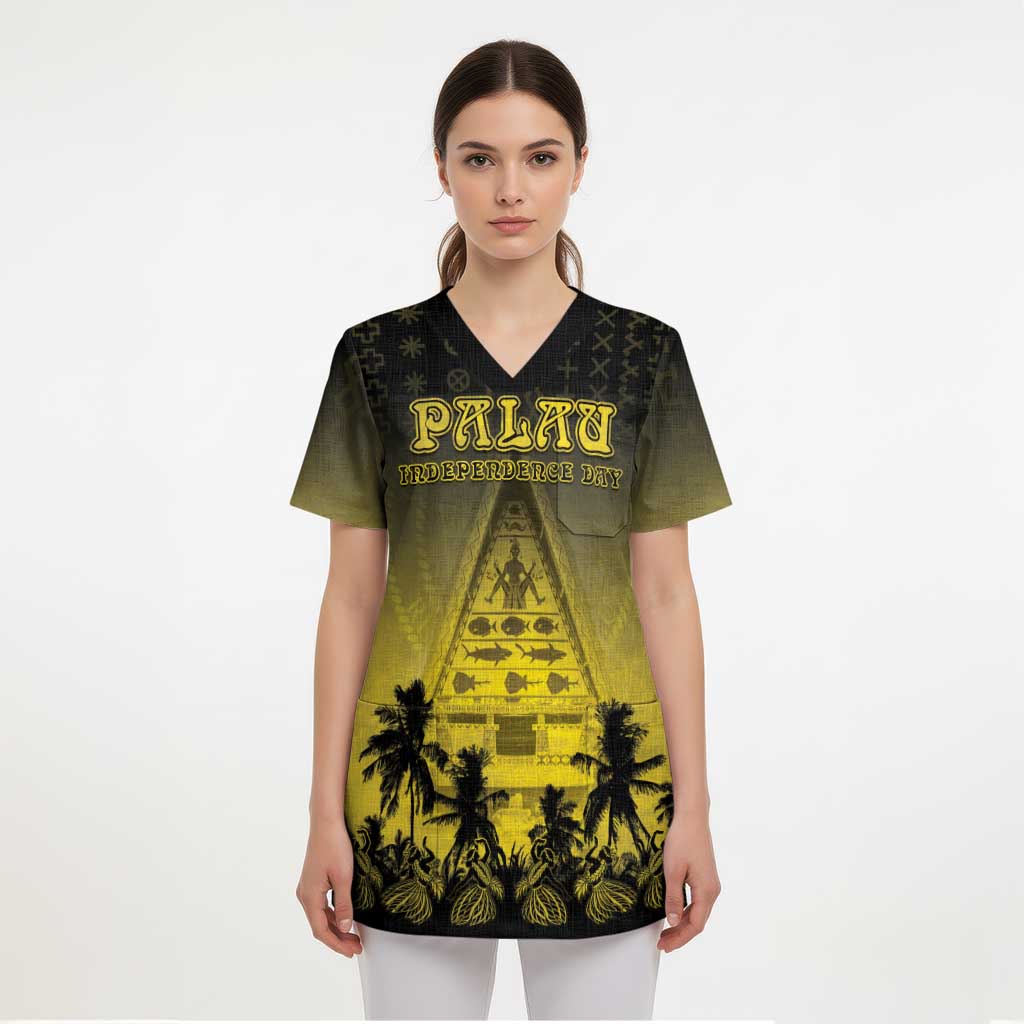 Personalised Palau Independence Day Scrub Top Palauan Tattoo Pattern - Polynesian Pride