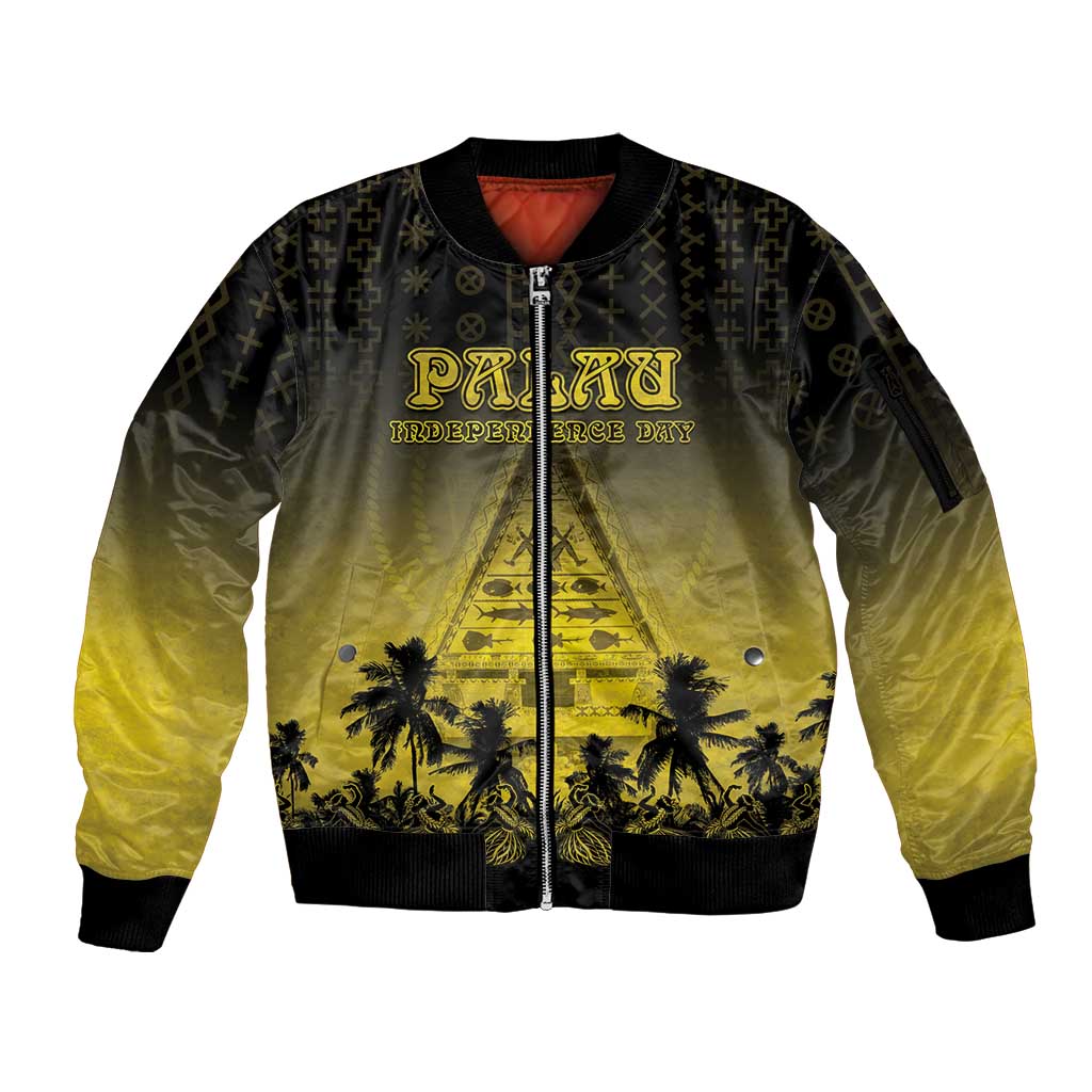 Personalised Palau Independence Day Sleeve Zip Bomber Jacket Palauan Tattoo Pattern LT05 Unisex Black - Polynesian Pride