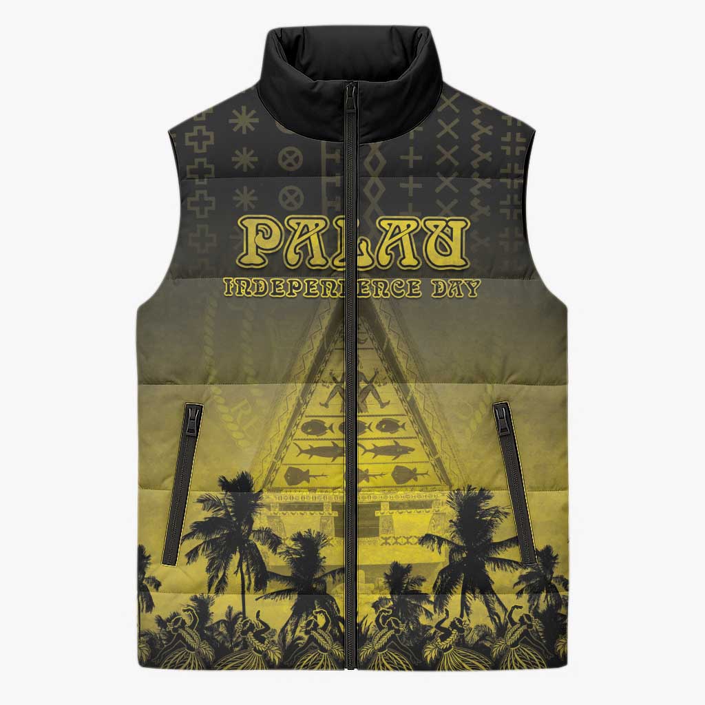 Personalised Palau Independence Day Sleeveless Puffer Jacket Palauan Tattoo Pattern LT05 Unisex Black - Polynesian Pride