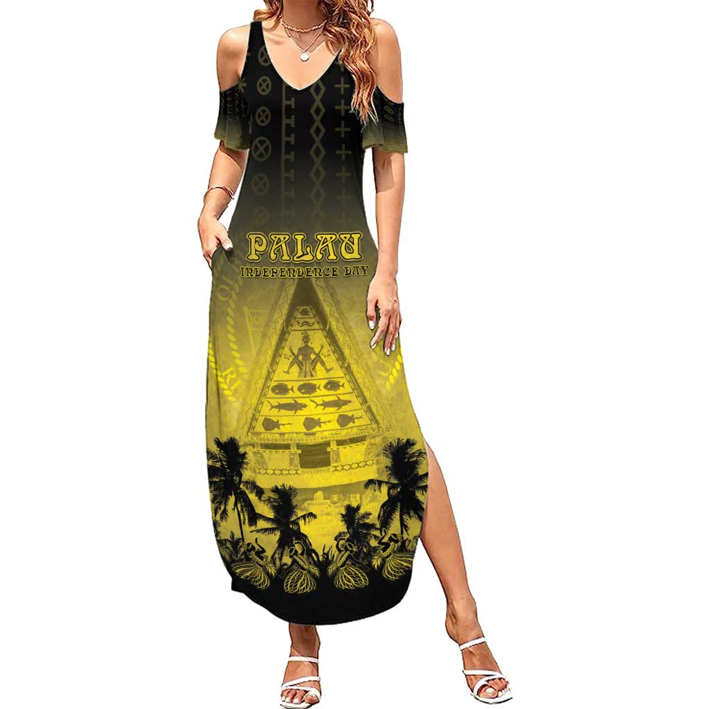 Personalised Palau Independence Day Summer Maxi Dress Palauan Tattoo Pattern - Polynesian Pride