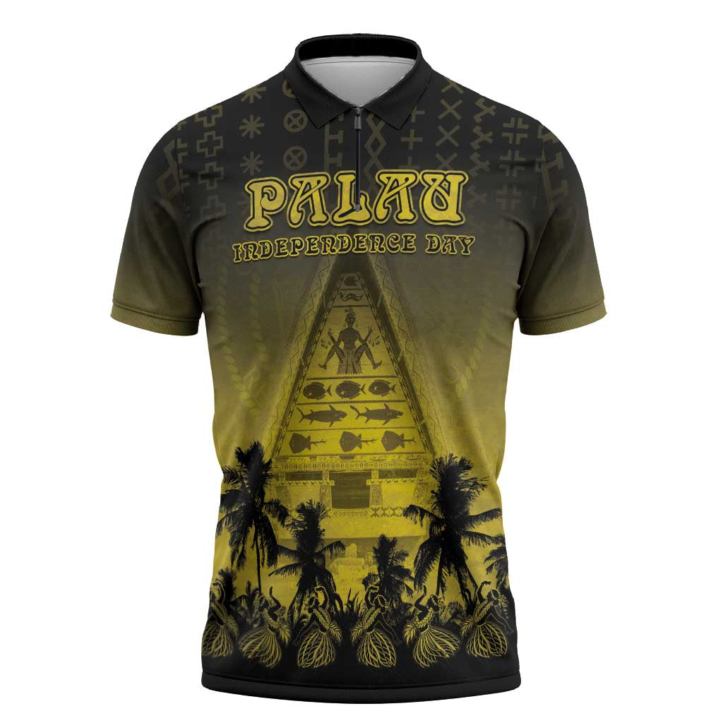 Personalised Palau Independence Day Zipper Polo Shirt Palauan Tattoo Pattern LT05 Black - Polynesian Pride