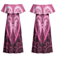 Aotearoa Breast Cancer Couples Matching Off Shoulder Maxi Dress and Long Sleeve Button Shirt Maori Tribal Pattern LT05 - Polynesian Pride