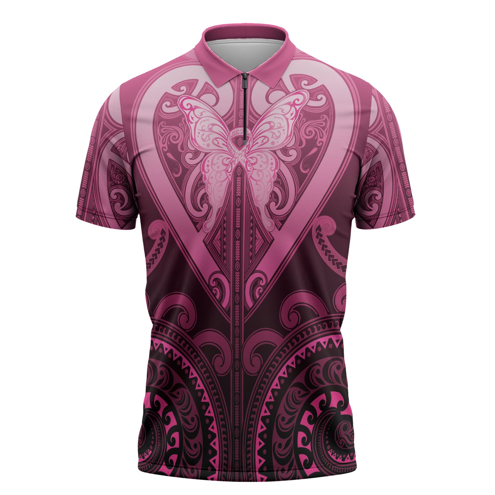 Aotearoa Breast Cancer Zipper Polo Shirt Maori Tribal Pattern LT05 Pink - Polynesian Pride