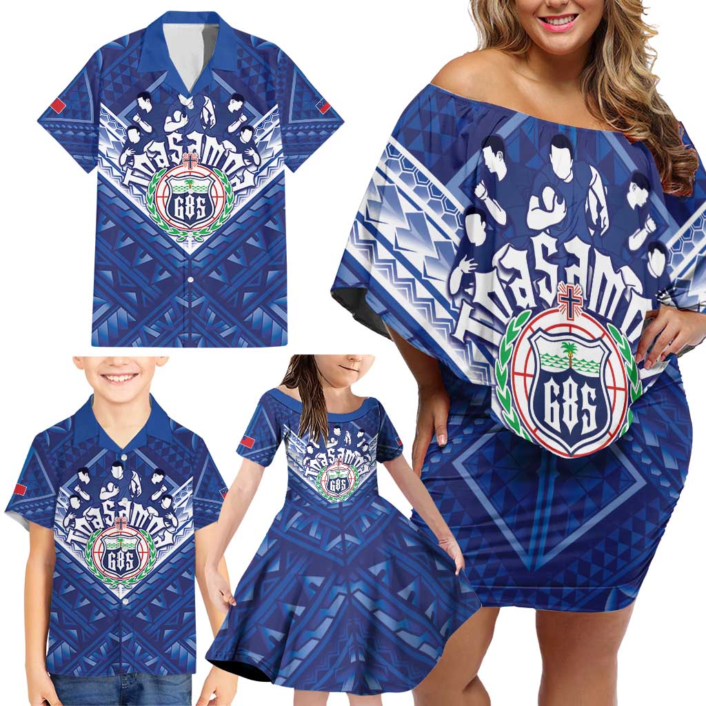 Toa Samoa Rugby Custom Family Matching Off Shoulder Short Dress and Hawaiian Shirt Samoan Pride With Tribal Pattern - Polynesian Pride