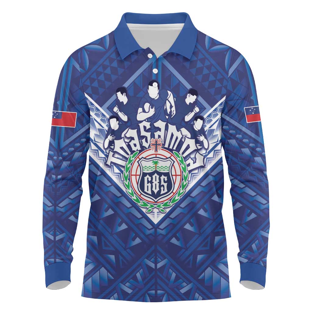 Toa Samoa Rugby Custom Long Sleeve Polo Shirt Samoan Pride With Tribal Pattern LT05 Blue - Polynesian Pride