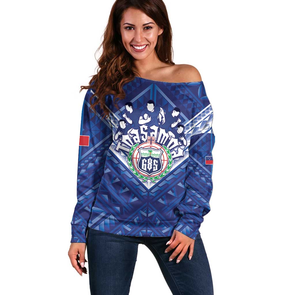 Toa Samoa Rugby Custom Off Shoulder Sweater Samoan Pride With Tribal Pattern LT05 Women Blue - Polynesian Pride