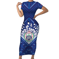Toa Samoa Rugby Custom Short Sleeve Bodycon Dress Samoan Pride With Tribal Pattern LT05 Long Dress Blue - Polynesian Pride