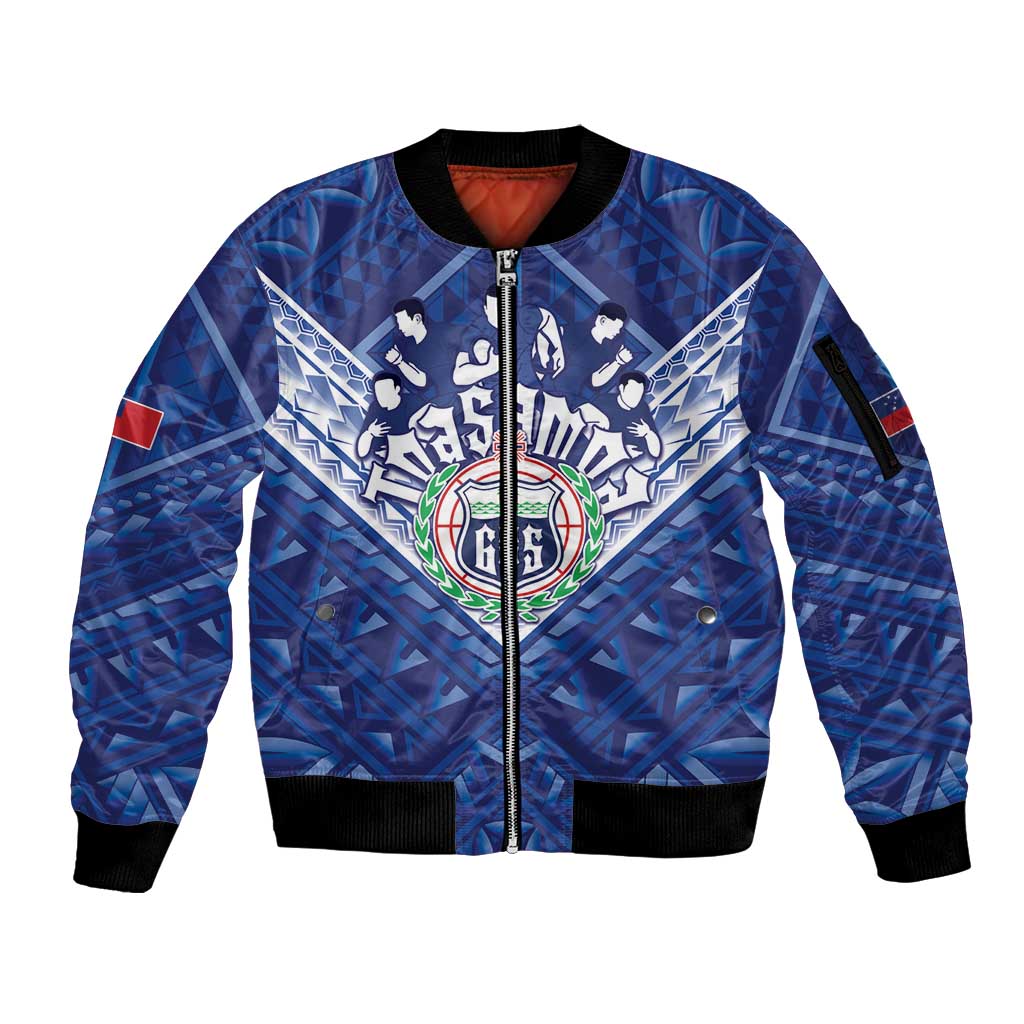 Toa Samoa Rugby Custom Sleeve Zip Bomber Jacket Samoan Pride With Tribal Pattern LT05 Unisex Blue - Polynesian Pride