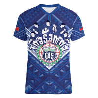 Toa Samoa Rugby Custom Women V-Neck T-Shirt Samoan Pride With Tribal Pattern LT05 Female Blue - Polynesian Pride